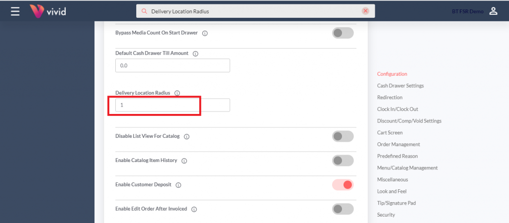 Setting delivery radius